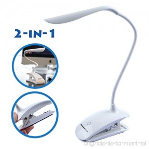Clip Desk Lamp Table LED Bulb Lamps Set USB Outlet White Modern Shade Gooseneck Dimmable Light Clamp Base Touch Sensor Switch Charging Battery Office Room Bedroom Dorm Kids Small Girls Study Reading - B00W79CZAA