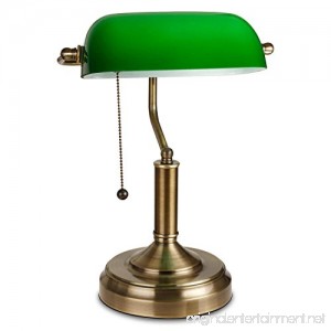 TORCHSTAR Traditional Banker’s Lamp Antique Style Emerald Green Glass Desk Light Fixture Satin Brass Finish Metal Beaded Pull Cord Switch Attached - B01NCJREQG