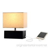 Wooden Table Lamp  5V/2A USB Charging Port  On-Off Rocker Switch  Black Rectangle Wooden Base  Cream Fabric Shade - B073Q55LX8