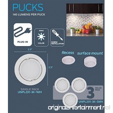 Nadair UNPL201-3K-3WH Wired LED Puck Lights (x3) Plug-In Lighting Can Be Surface Mount or Flush Mount Easy To Install Daisy Chain 3-pack 3000K Warm White - B07539S95D