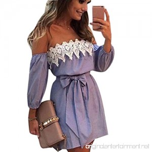 AmyDong Ladies Dress Summer Striped Off Shoulder Ruffle Dress with Belt Blue - B078Y8P6FG