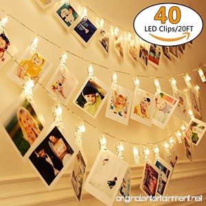 20Ft Battery Operated Indoor and Outdoor String Lights| with 40 LED Warm White Photo Clips| to Hang Cards Photos or Artwork. Includes Clear Adhesive Hooks for Convenient Easy Setup - B0765R5CVR